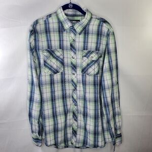 Skully Plaid Snap Button-down Shirt Roll-tab Sleeves Size Medium